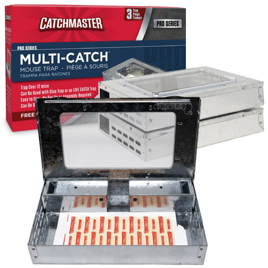 Catchmaster Pro Series Multi-Catch Mouse Trap packaging and trap, highlighting its ability to trap over 12 mice, use with glue traps, and no setup required.