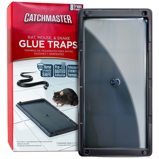 Catchmaster Rat, Mouse, and Snake Glue Traps with professional-strength adhesive, safe for home use.