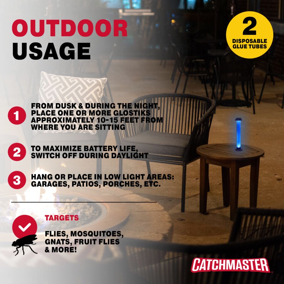 Infographic for using a Catchmaster Glostik Flying Insect Light Trap outdoors
